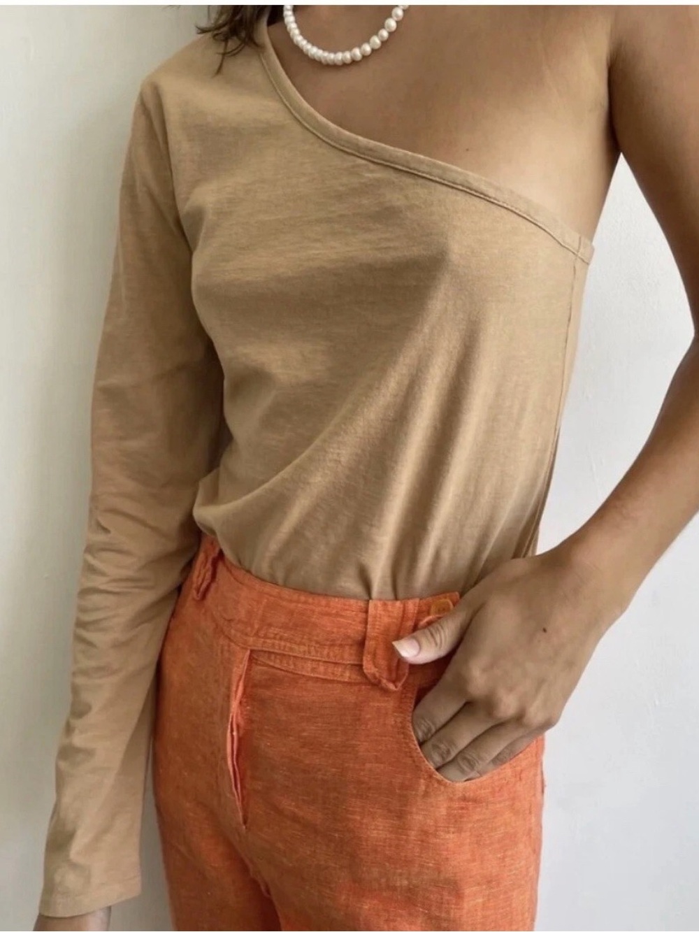 DONNI. One-Shoulder Long Sleeve JerseyTee in Tan 100% Cotton NWT